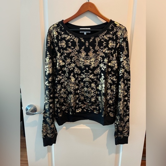 Wildfox Metallic Gold Foil Rose Pattern Print Black Crewneck Sweatshirt - Picture 3 of 16
